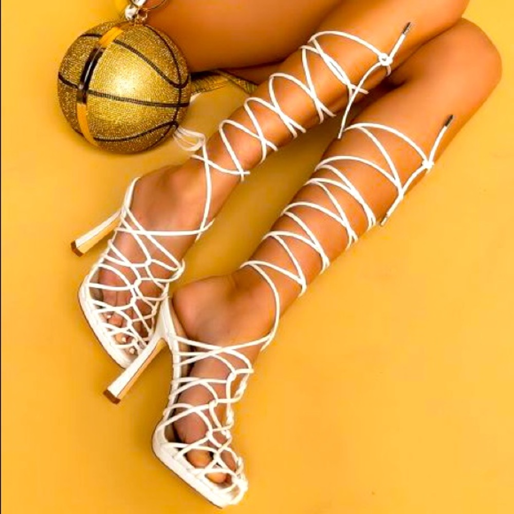 AZALEA WANG BONDAGE LACE UP STILETTO SANDAL IN WHITE